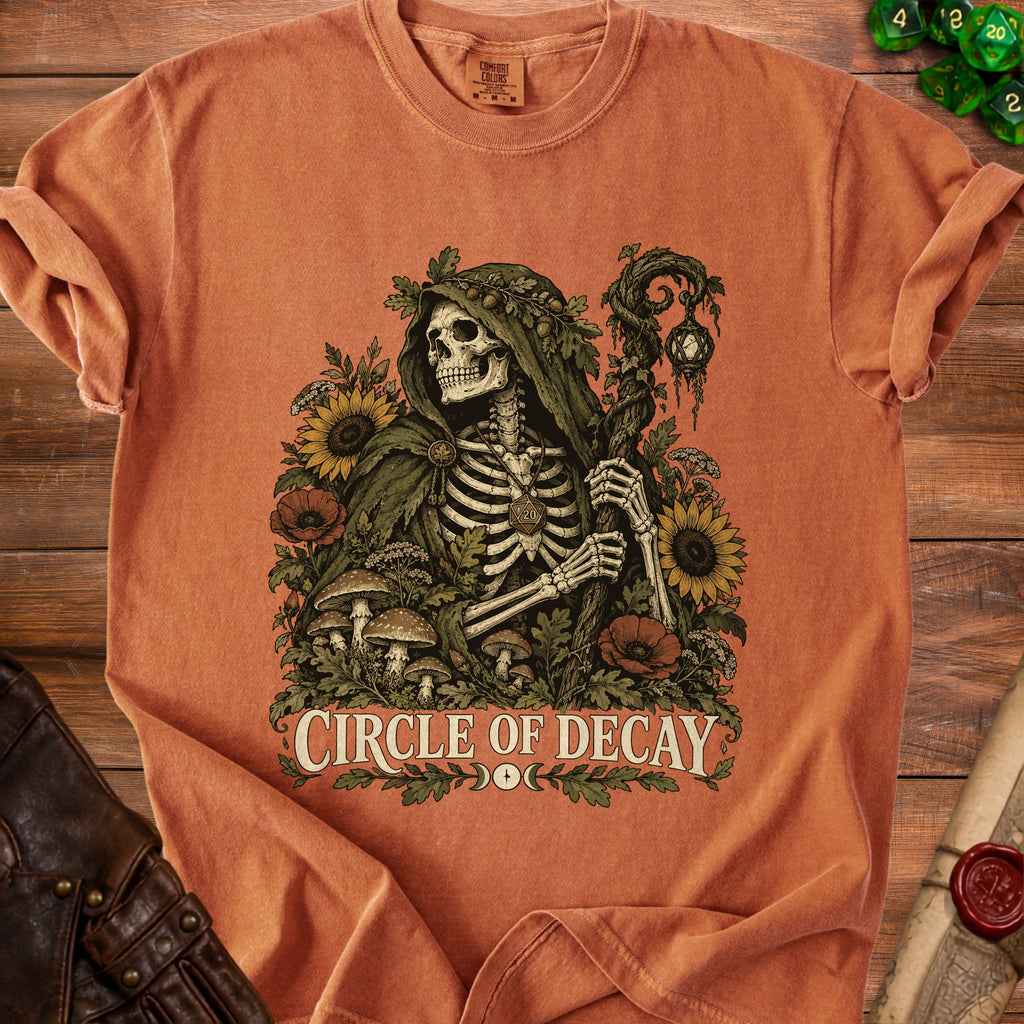 Skeleton in cloak with staff and nature elements, "Circle of Decay" text.
