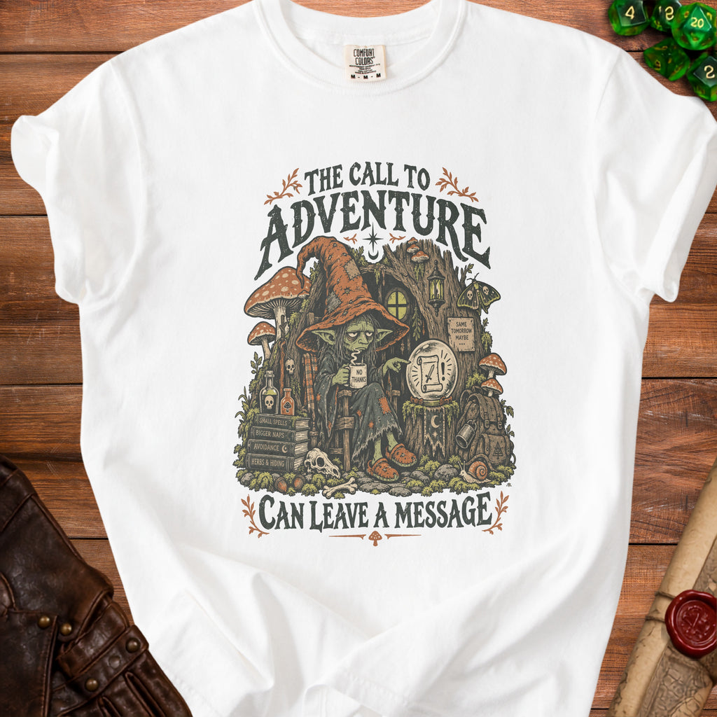 White t-shirt graphic featuring a goblin with a sign that reads "Can Leave a Message".