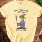Yellow t-shirt with cartoon goblin wizard and text "TODAY TODAYED THE TODAY OUT OF ME."