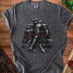 Dark gray t-shirt with a knight on stairs graphic and "I CANNOT GO ON" text.