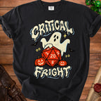 Black t-shirt with ghost, pumpkins, and dice graphic saying "Critical Fright".
