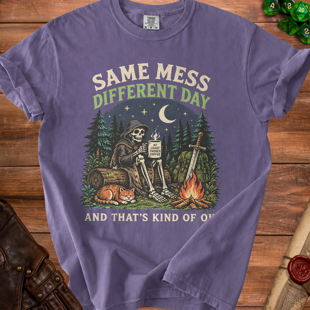 Grim Reaper skeleton with cat and sword, holding "At Least Theres Coffee" mug.