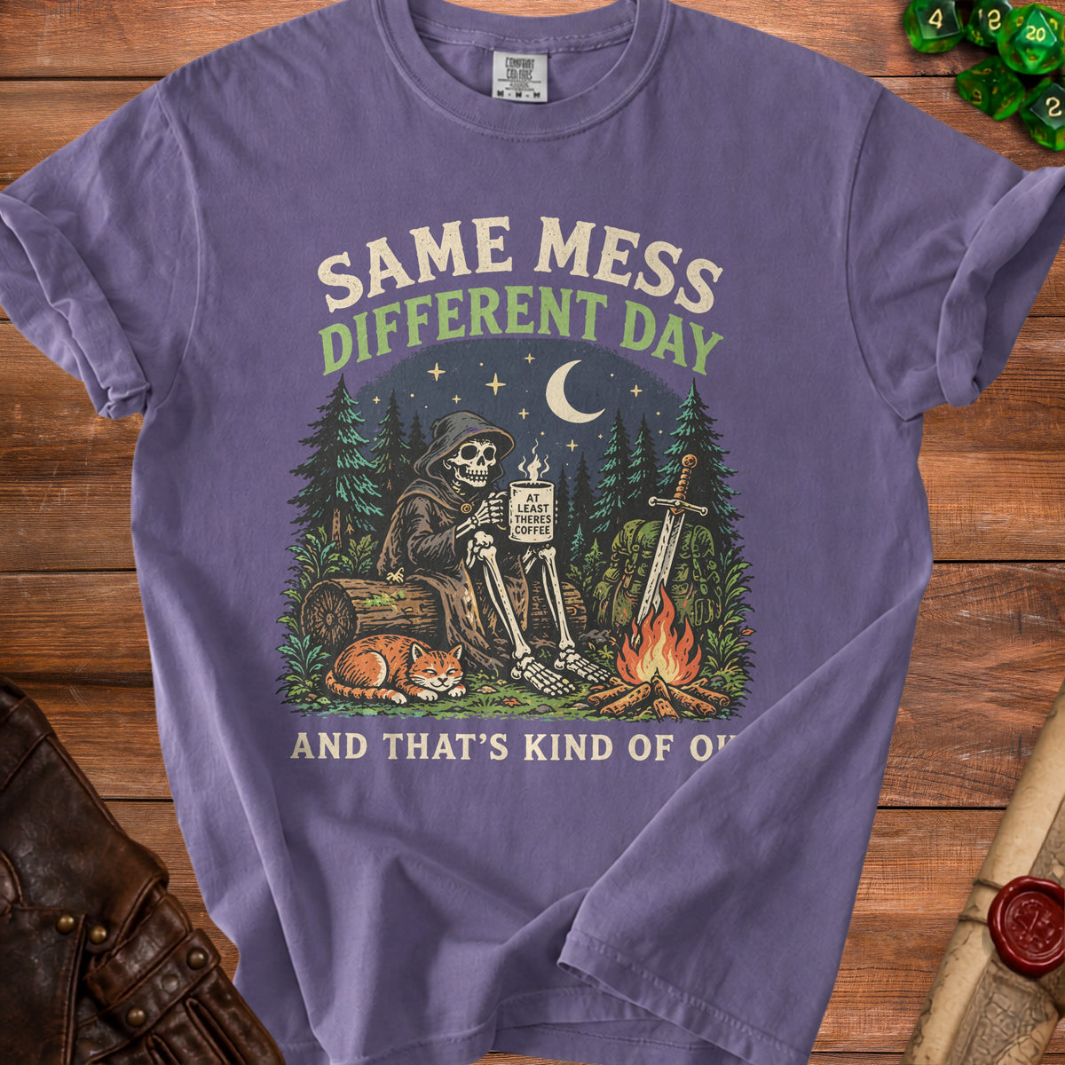 Grim Reaper skeleton with cat and sword, holding "At Least Theres Coffee" mug.