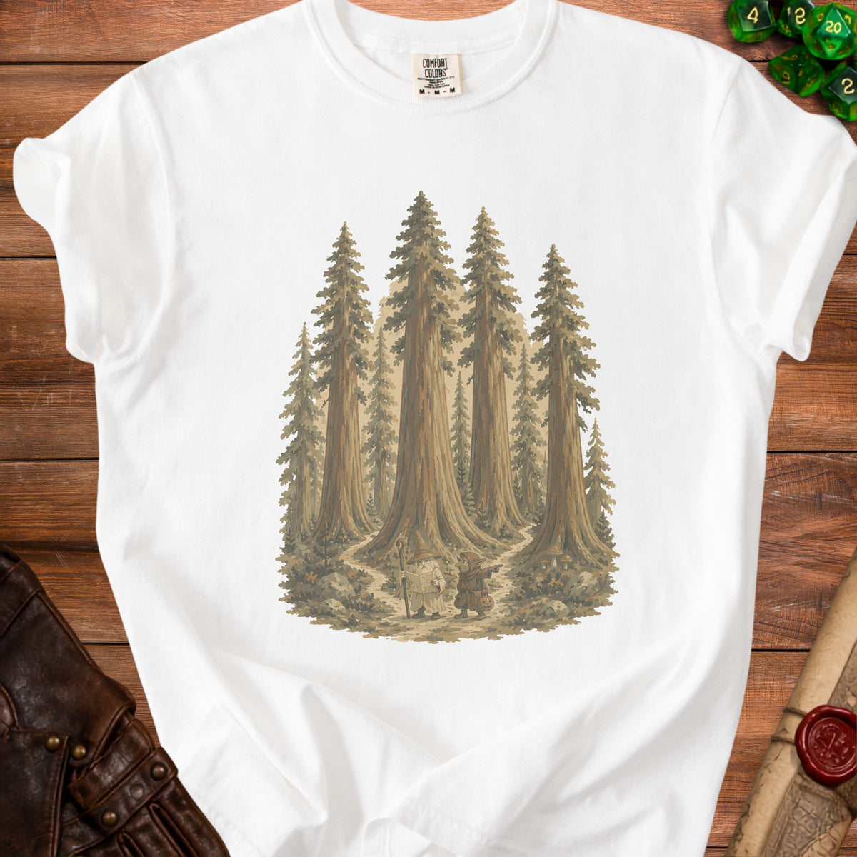 White t-shirt with illustration of a wizard and gnome in a redwood forest.