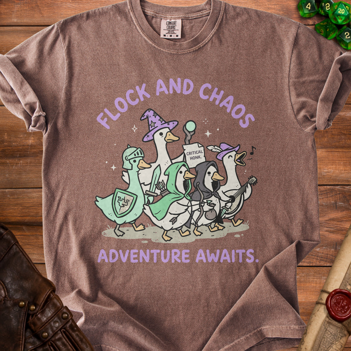 Ducks dressed as adventurers with text "FLOCK AND CHAOS ADVENTURE AWAITS".