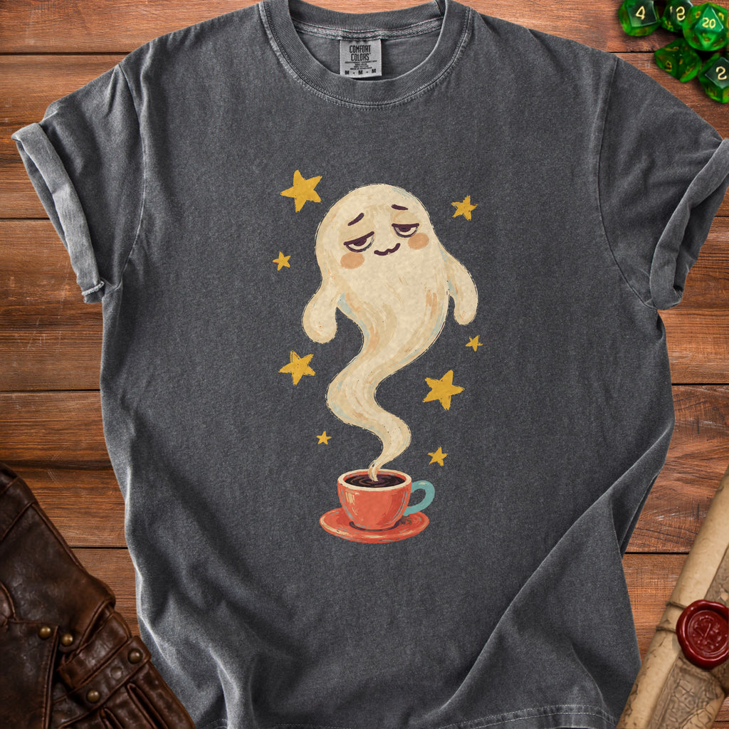 Gray t-shirt with a ghostly figure rising from a cup of coffee.