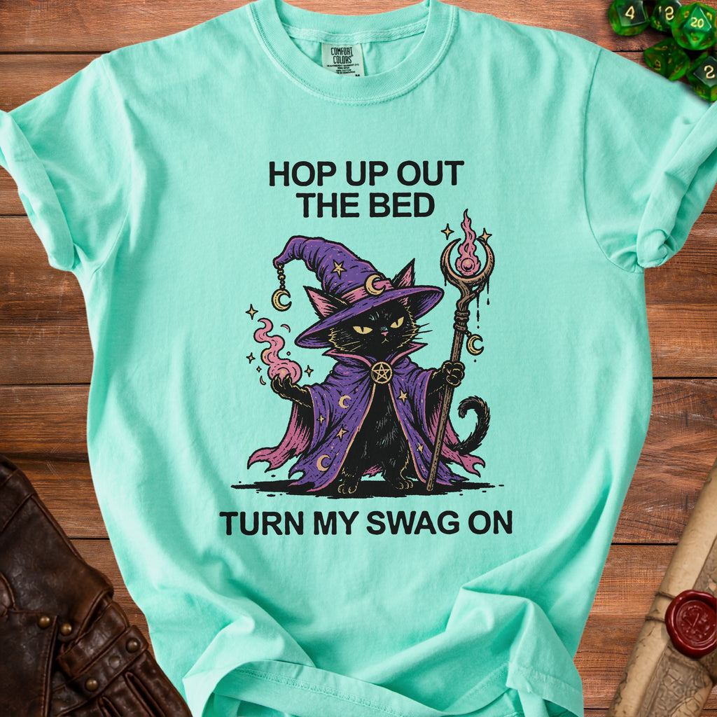 Aqua t-shirt with a black wizard cat graphic and text "Hop Up Out The Bed Turn My Swag On".