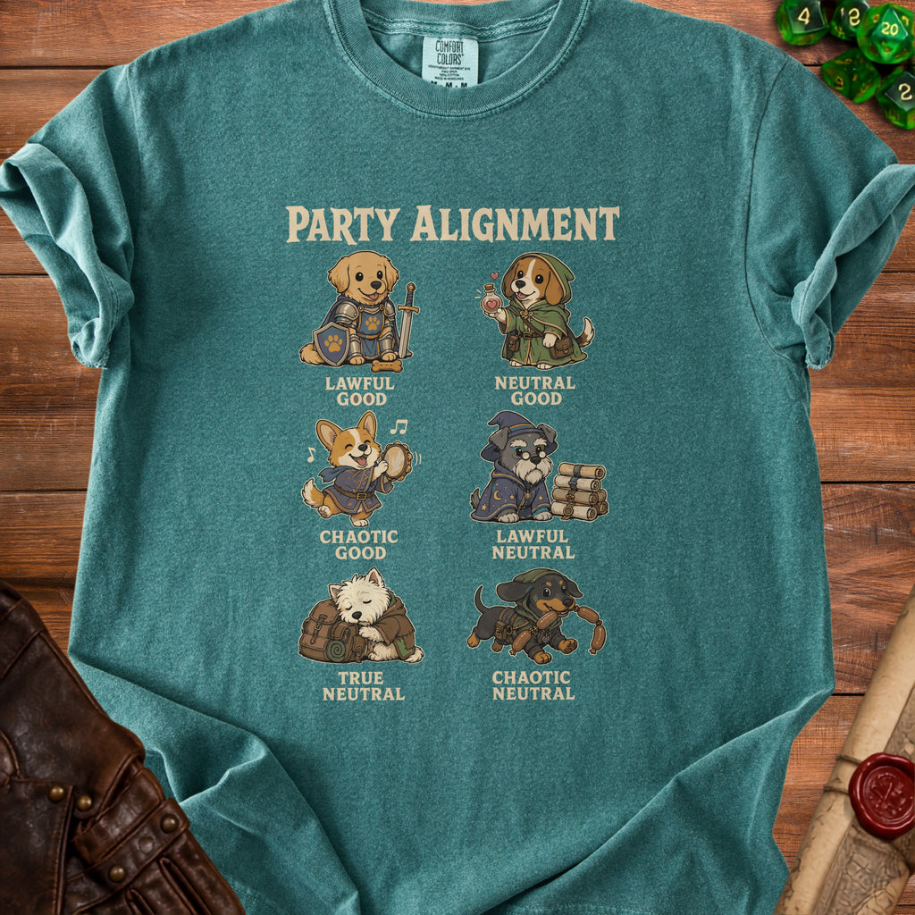 T-shirt with "Party Alignment" and six dogs representing D&D alignments.