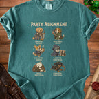 T-shirt with "Party Alignment" and six dogs representing D&D alignments.