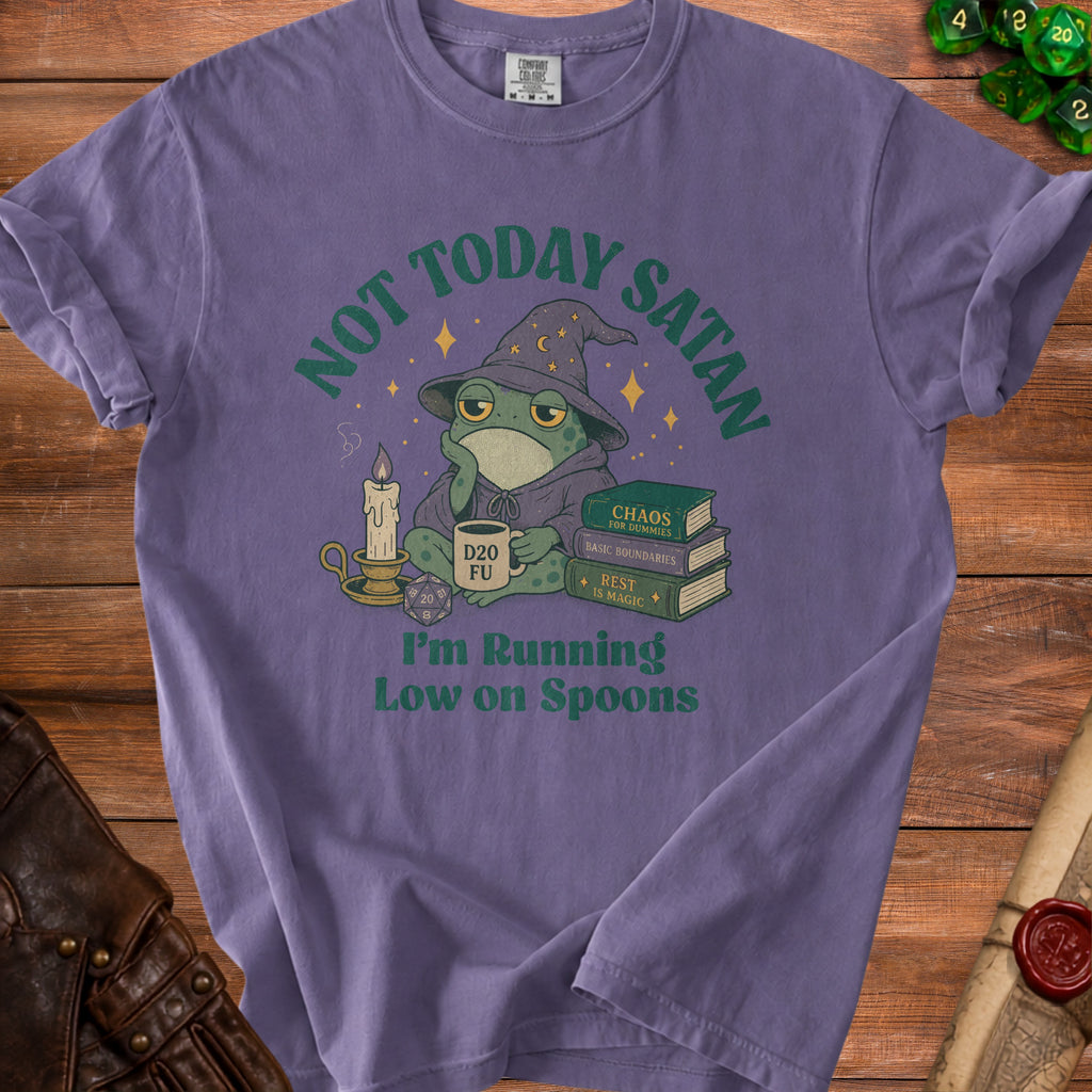 Purple t-shirt with a frog wizard graphic saying "Not Today Satan, I'm Running Low on Spoons".