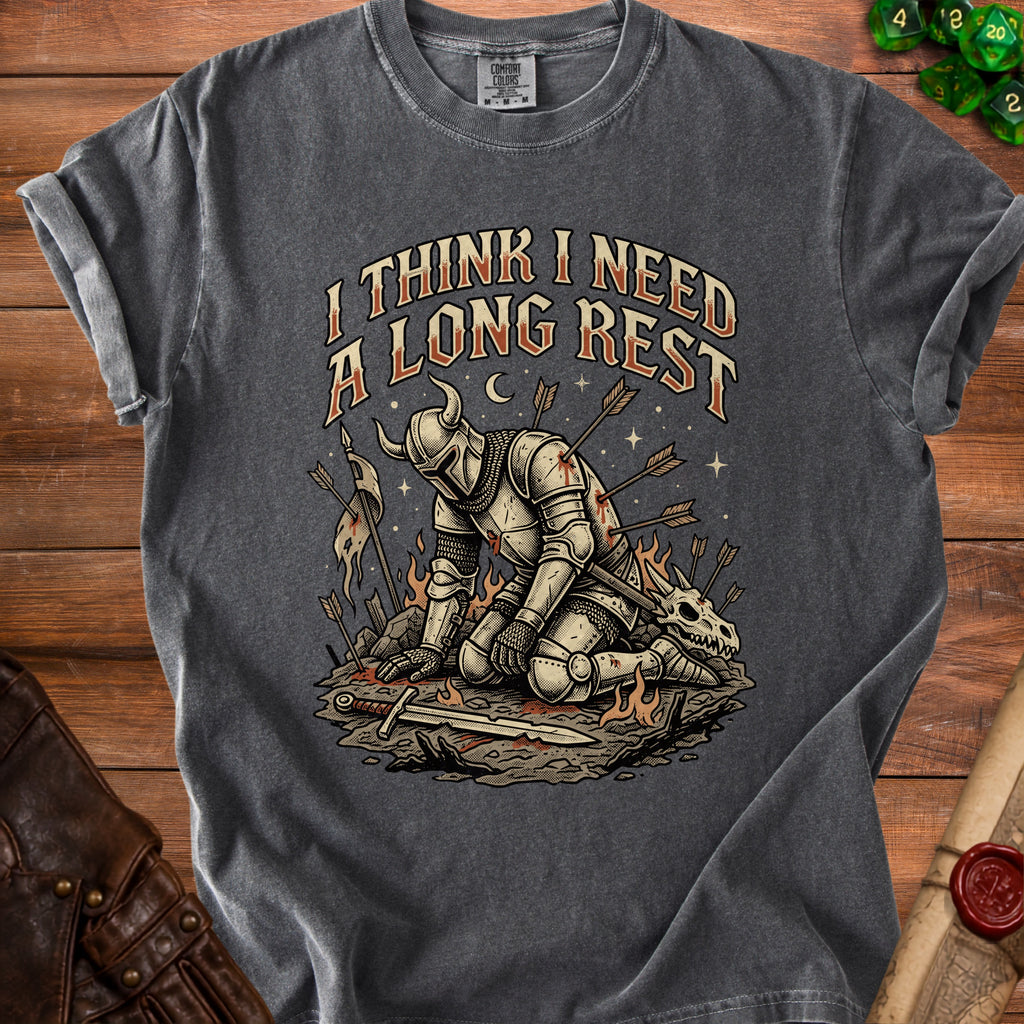 Knight with arrows and text "I THINK I NEED A LONG REST" on shirt.