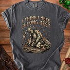 Knight with arrows and text "I THINK I NEED A LONG REST" on shirt.
