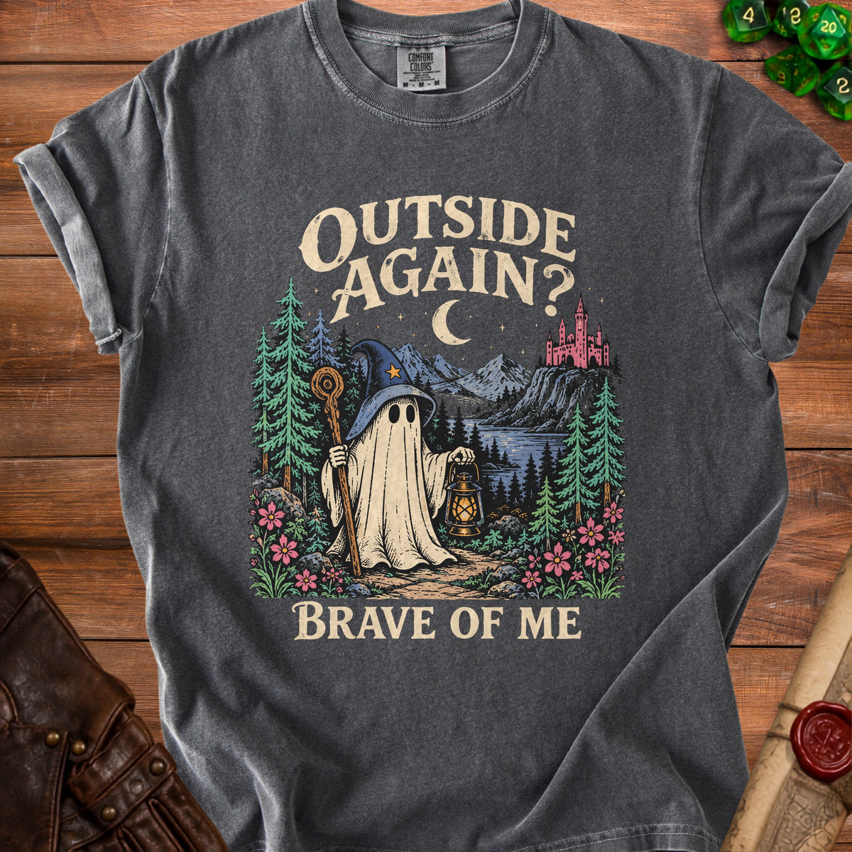 T-shirt with ghost explorer design, featuring text "OUTSIDE AGAIN? BRAVE OF ME."