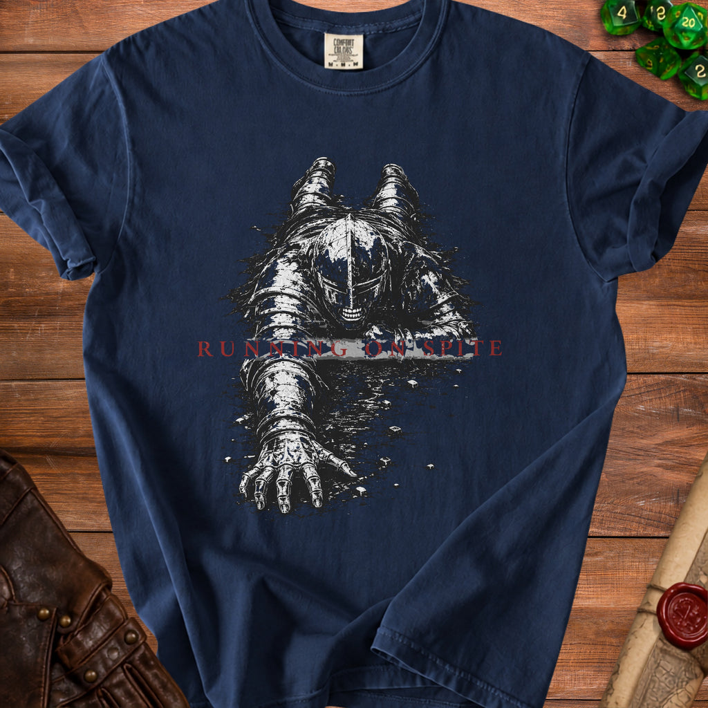 Dark blue t-shirt with a knight in armor reaching out, text "RUNNING ON SPITE".