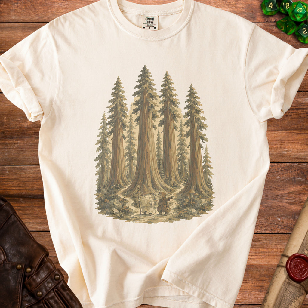 Cream t-shirt with a forest scene featuring a wizard and a hobgoblin.