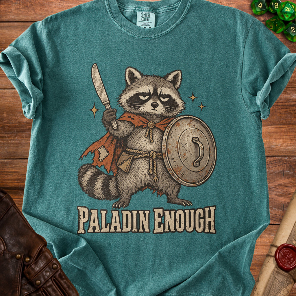 Raccoon paladin in cape holding sword and shield, text "PALADIN ENOUGH"