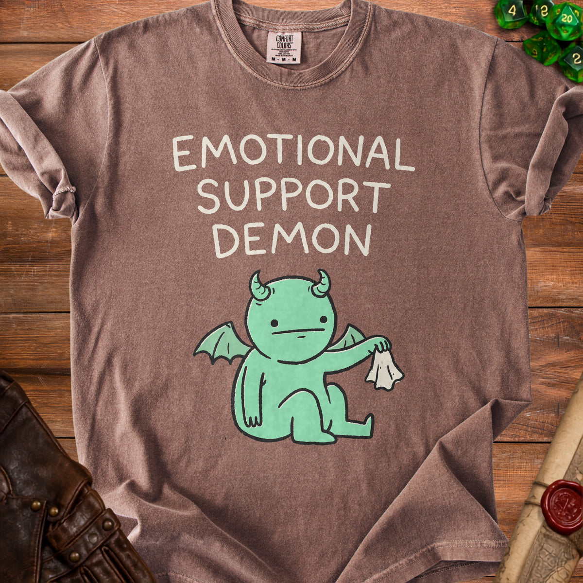 Brown t-shirt with white text "EMOTIONAL SUPPORT DEMON" and a green cartoon demon.