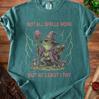 Frog wizard with staff and spellbook text "Not all spells work but at least I try".