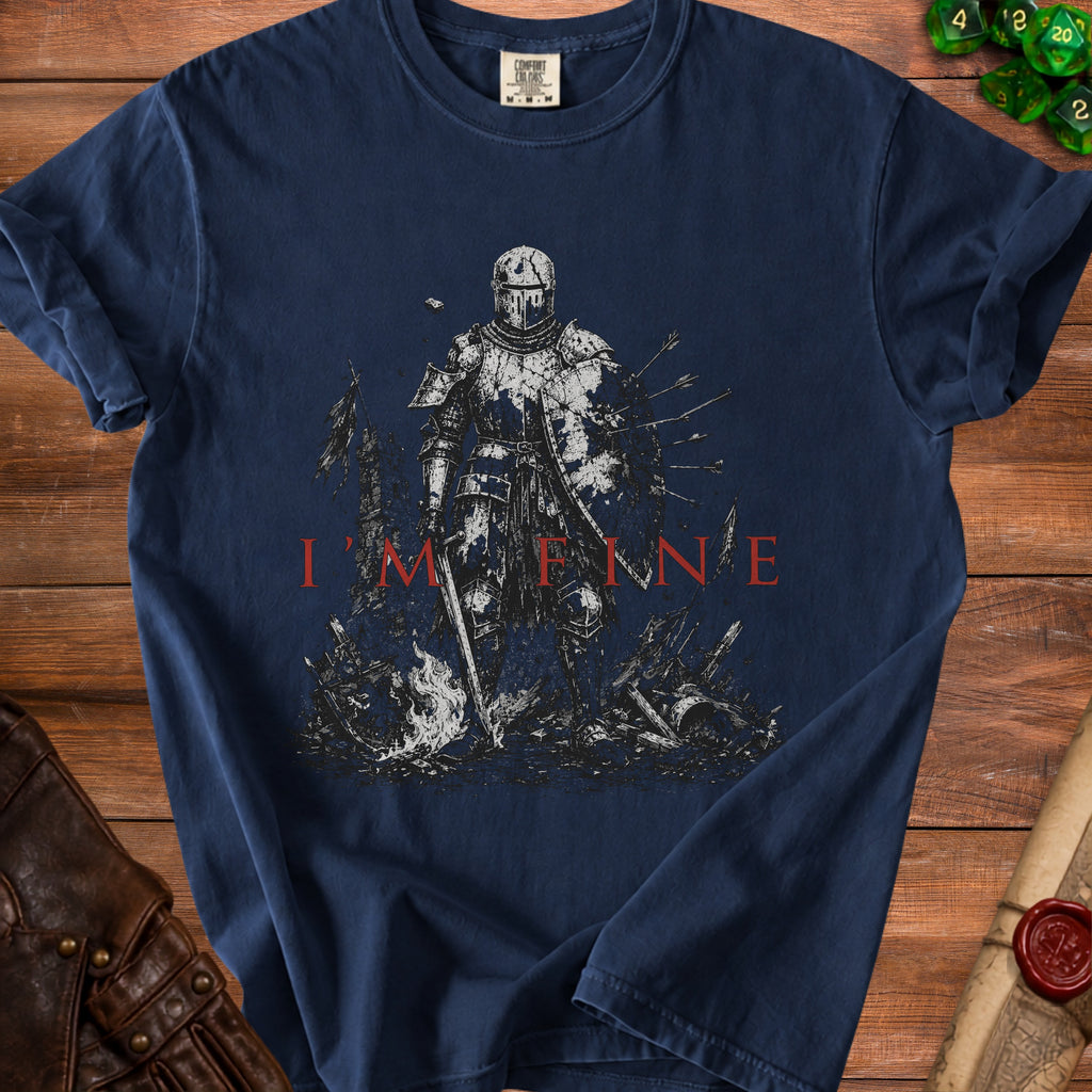 Dark blue t-shirt with knight graphic and "I'M FINE" text.