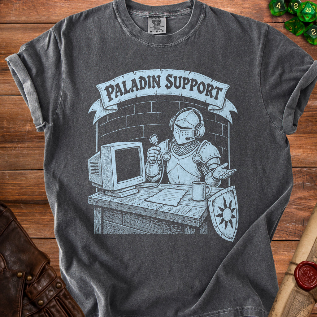 Paladin Support text on shirt with knight at computer and shield.