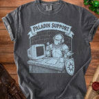 Paladin Support text on shirt with knight at computer and shield.