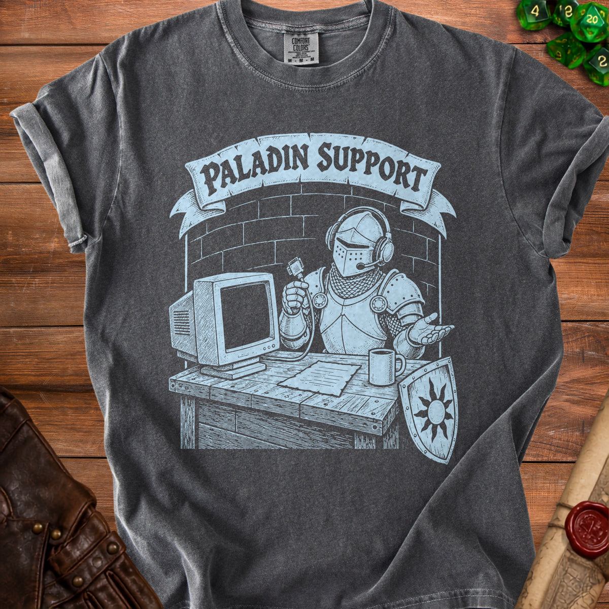 Paladin Support text on shirt with knight at computer and shield.