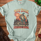 Light blue t-shirt with wizard, skull, and text "BIG TALK FOR SOMEONE IN FIREBALL RANGE".