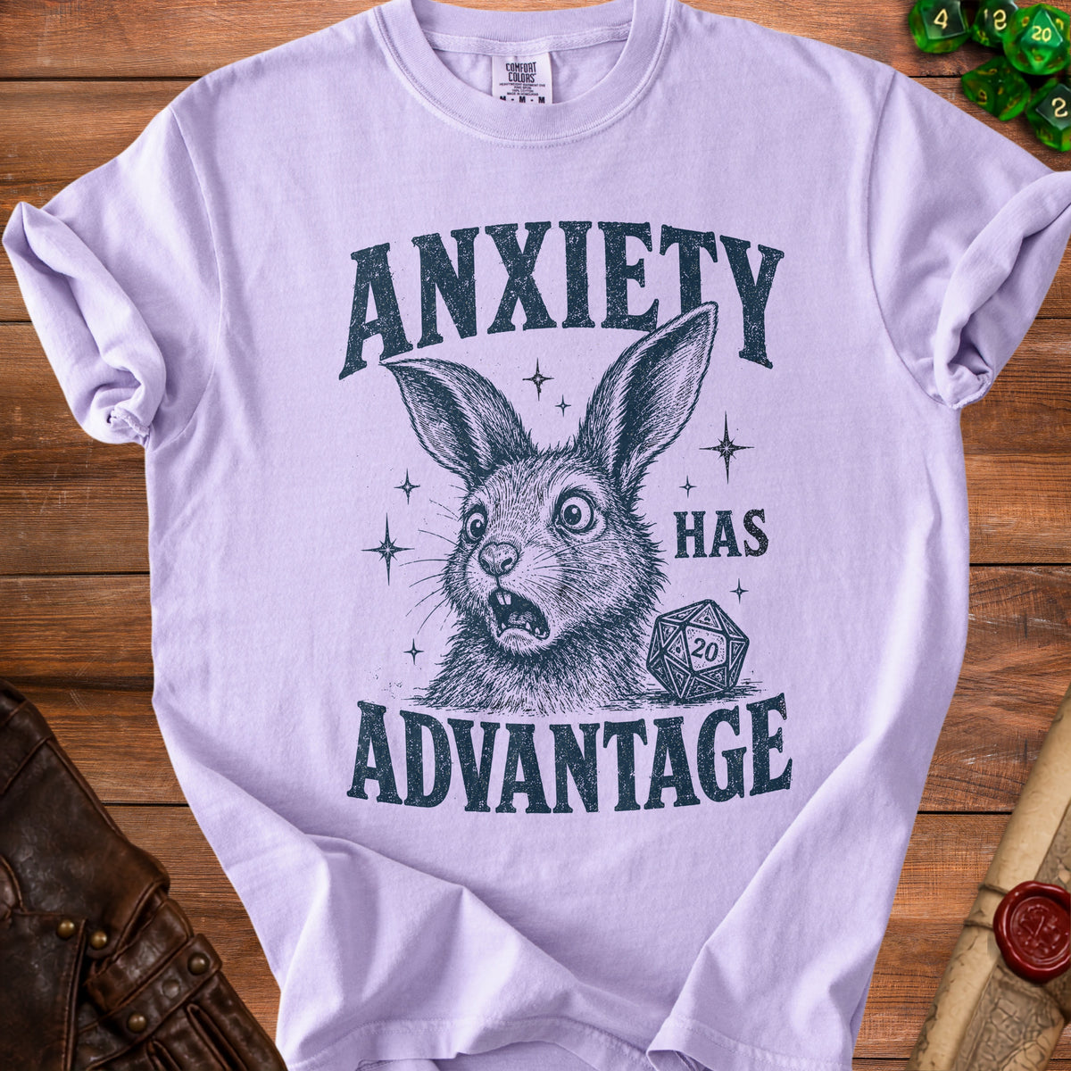 Purple t-shirt with graphic of distressed rabbit and text "Anxiety Has Advantage".