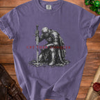 T-shirt with knight kneeling before sword, text "Cry Then Conquer".