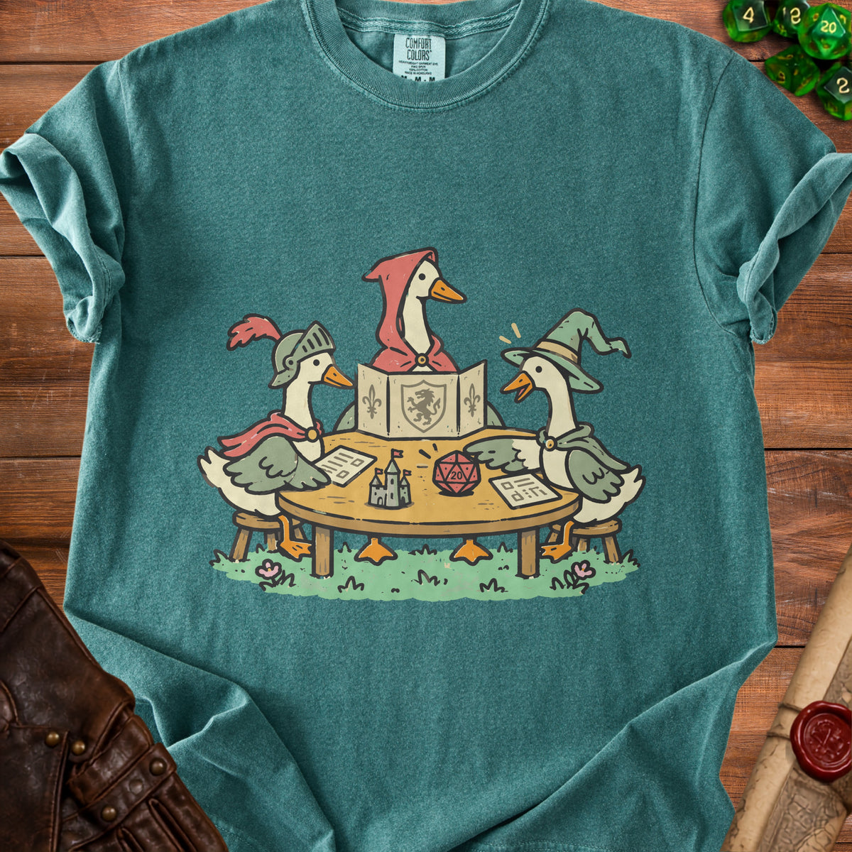 Three cartoon ducks dressed as fantasy characters play a tabletop roleplaying game.