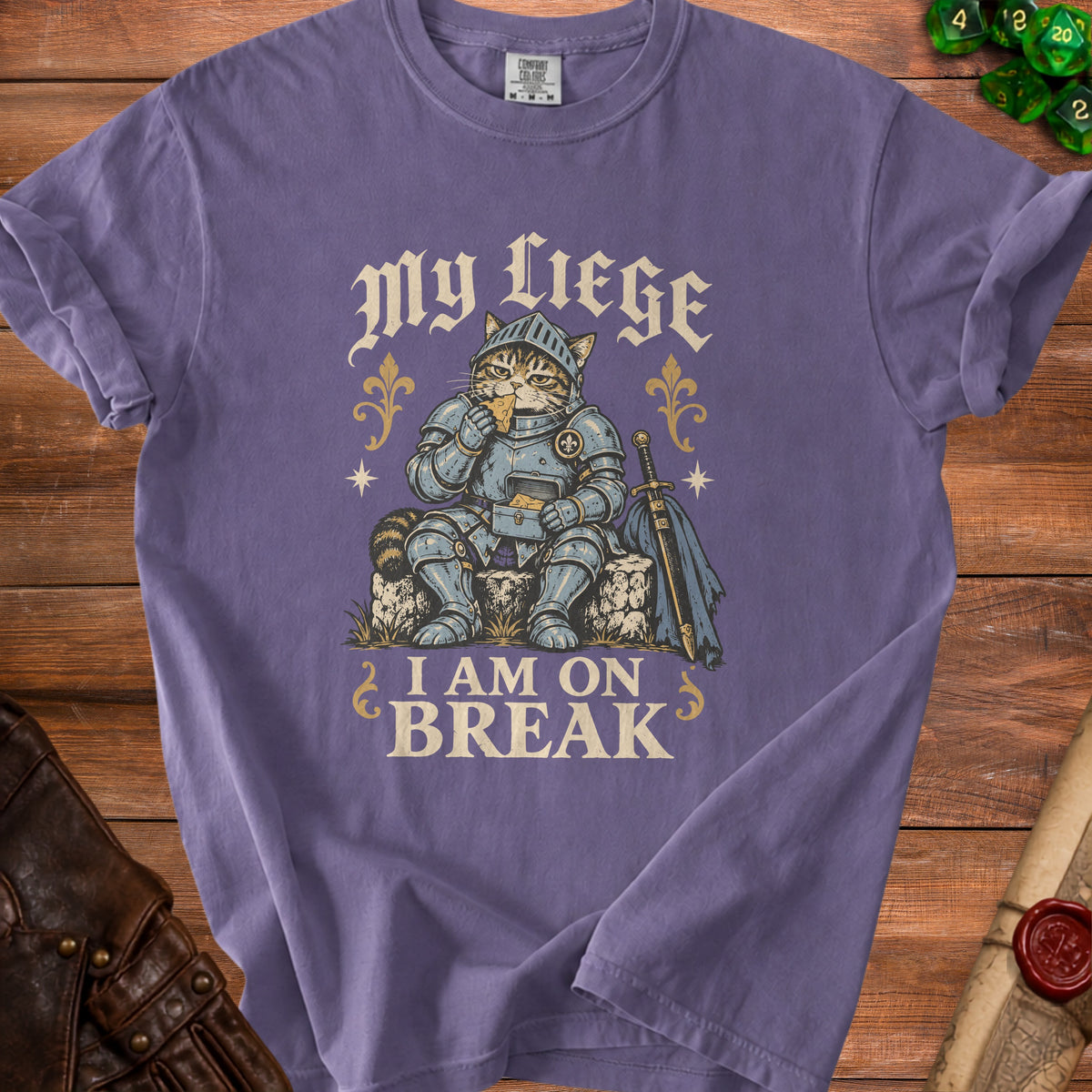 Cat in knight armor eating cheese with text "My Liege I Am On Break".