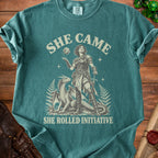 Teal t-shirt with "She Came She Rolled Initiative" text and a fantasy warrior with dragon.