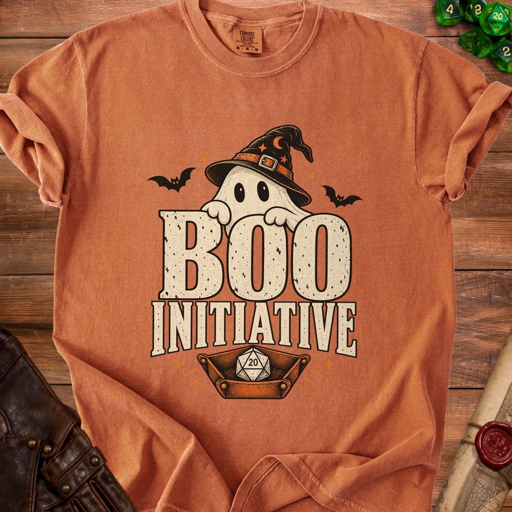 Ghost wearing witch hat holding "BOO INITIATIVE" text with dice tray.