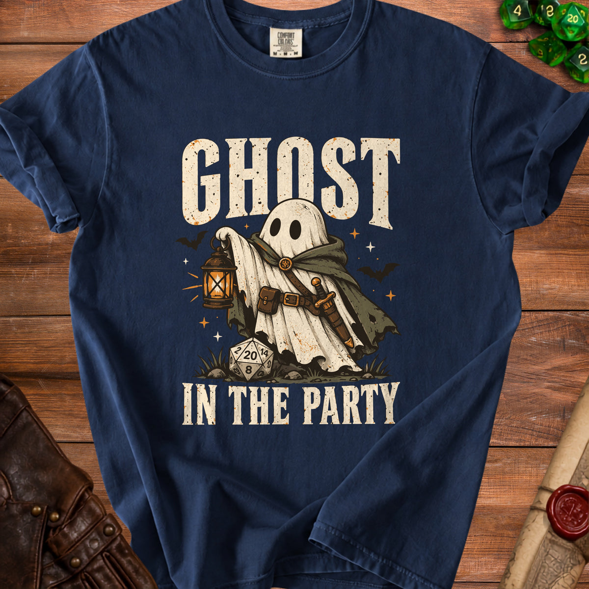 Navy t-shirt with a ghost holding a lantern and the text "GHOST IN THE PARTY".