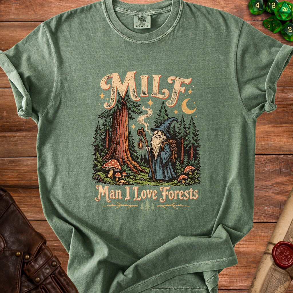 Green t-shirt with MILF Man I Love Forests graphic of a wizard in a forest.
