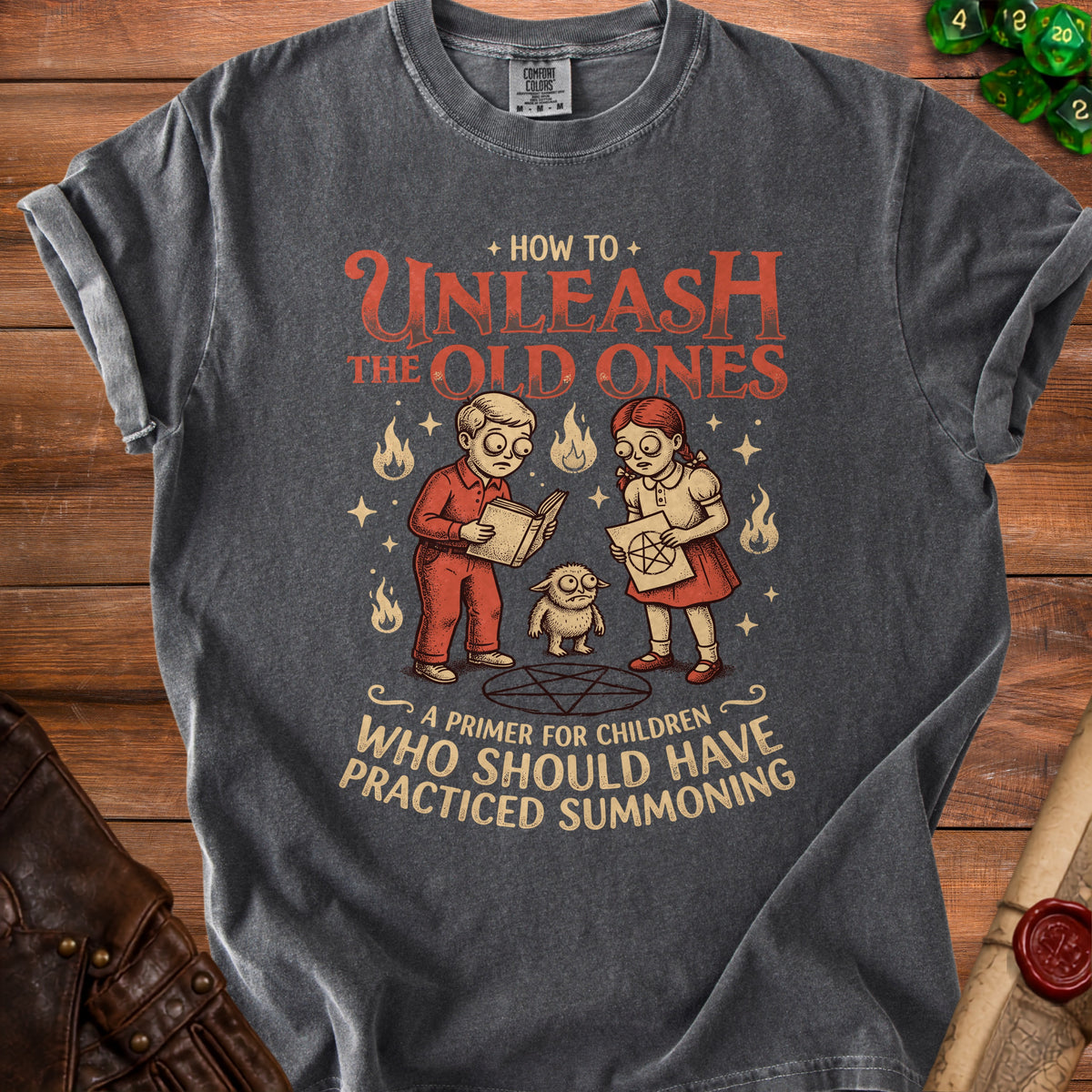 T-shirt with "How to Unleash the Old Ones" and summoning primer text.