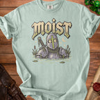 Mint t-shirt with knight in water graphic and "Moist" text.