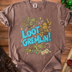 Brown t-shirt with "Loot Gremlin!" text and cartoon gremlins with treasure.