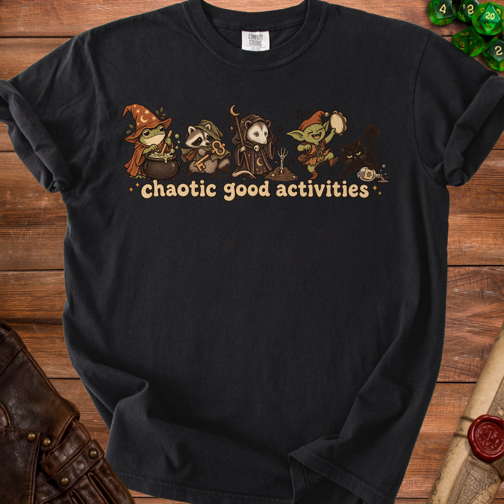 Black t-shirt with "chaotic good activities" text and cartoon fantasy creatures.