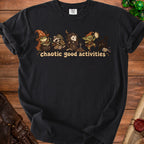 Black t-shirt with "chaotic good activities" text and cartoon fantasy creatures.