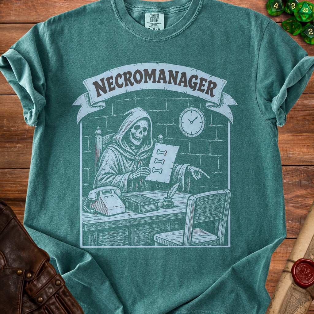 Green t-shirt with grim reaper illustration and "NECROMANAGER" text.