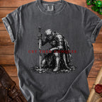 Dark grey t-shirt with knight kneeling with sword and text "CRY THEN CONQUER".