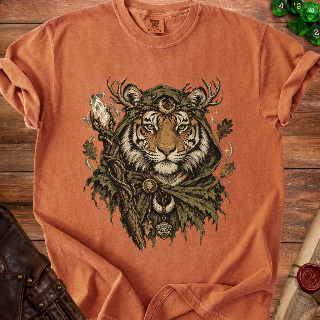 Tiger with antlers, moon, and crystal staff design on an orange shirt.