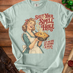 Retro woman holding pie with text "Shut Your Spell Hole" and "Let Me Stir My Potions In Peace."