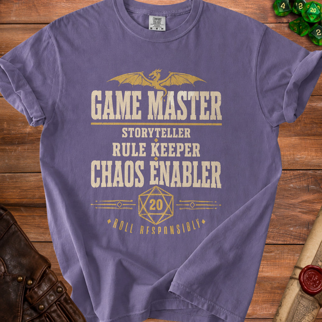Purple t-shirt with "Game Master Storyteller Rule Keeper Chaos Enabler" text.