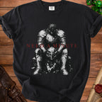 Black t-shirt with a knight holding a helmet and text "NEED A MINUTE".