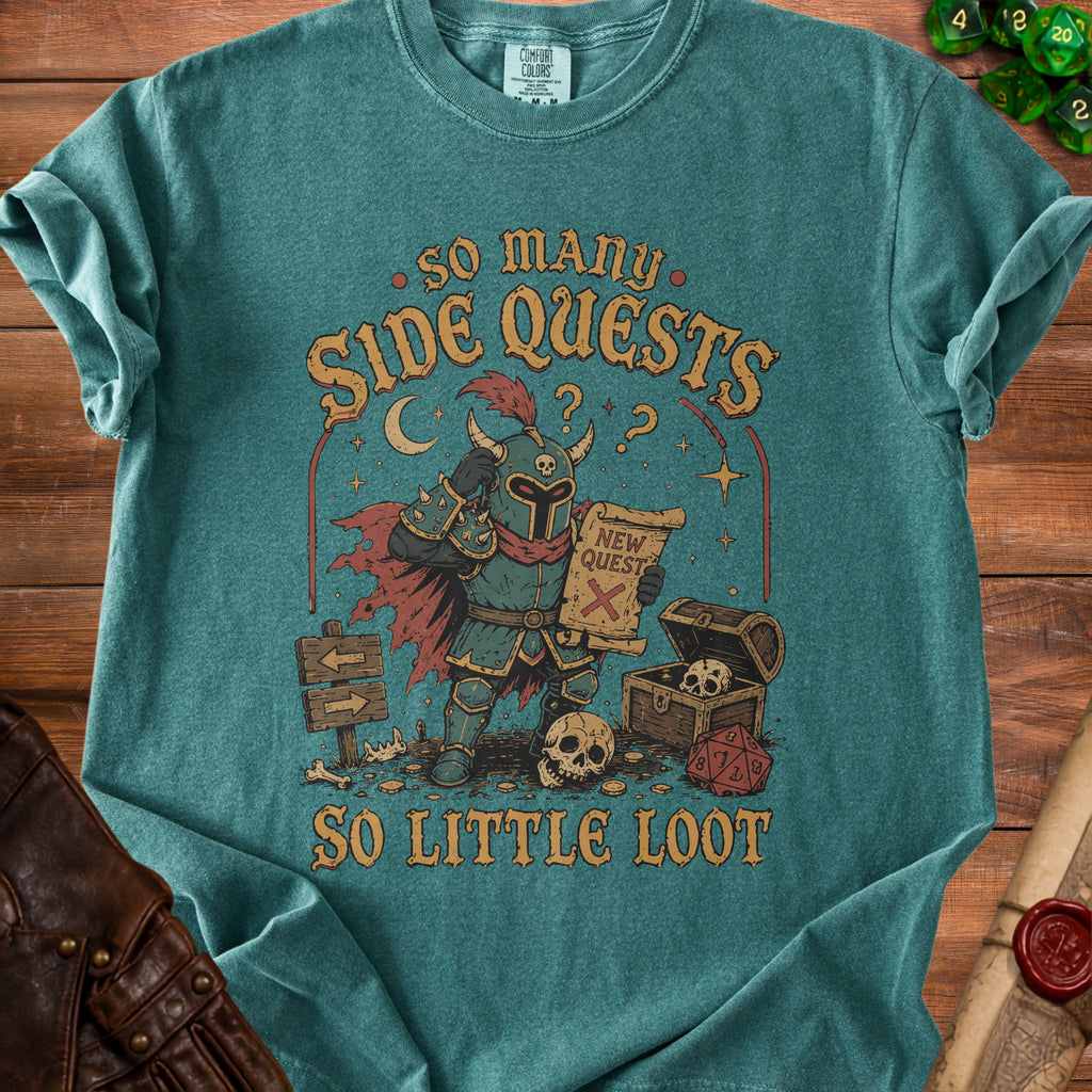 Knight with scroll, dice, and treasure chest graphic with "So Many Side Quests So Little Loot" text.