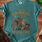 Knight with scroll, dice, and treasure chest graphic with "So Many Side Quests So Little Loot" text.