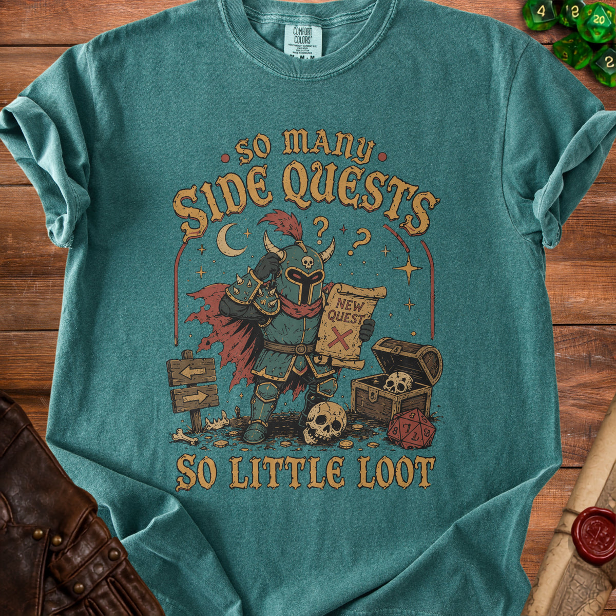 Knight with scroll, dice, and treasure chest graphic with "So Many Side Quests So Little Loot" text.