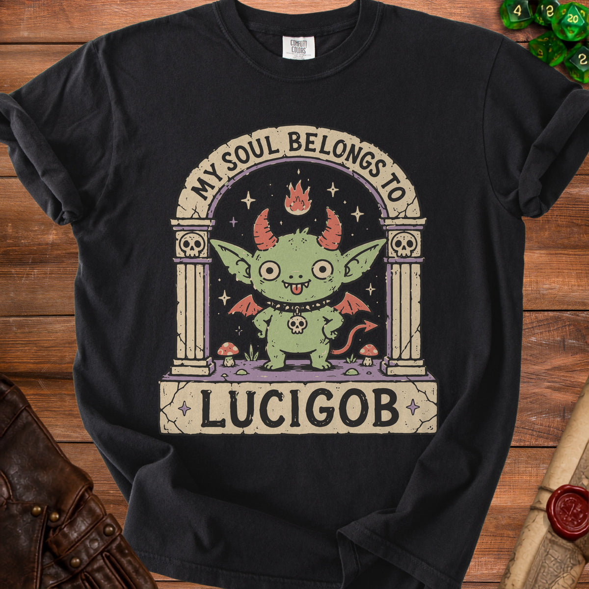 Black t-shirt with "My Soul Belongs to Lucigob" text and cartoon devil graphic.